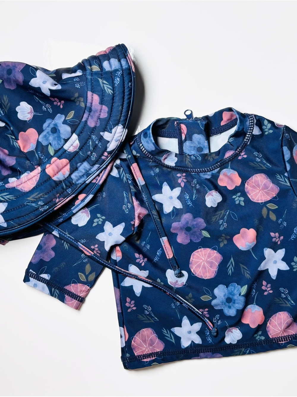 Infant Girls Navy Watercolor Floral Rash Guard & Sun Hat Swim Set 2pc 6-9M